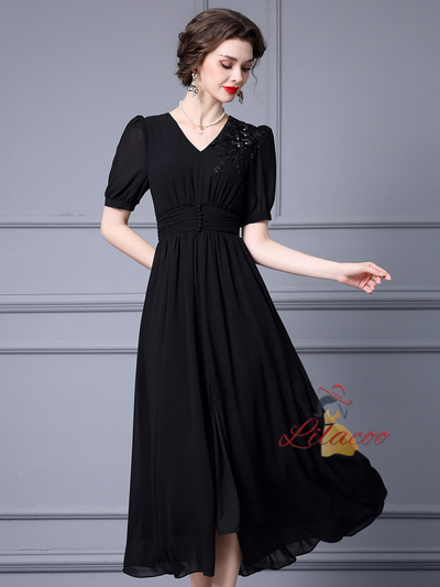 Black Chiffon V-neck Mother Of The Bride Dress