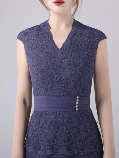 Navy Blue Chiffon Lace Mother Of The Bride Dress