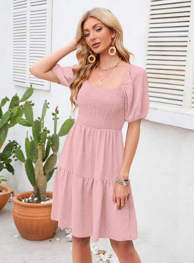 Square Neck Pleated Mini Dress