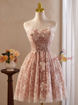 Pink Tulle Lace 3D Flower Homecoming Dress