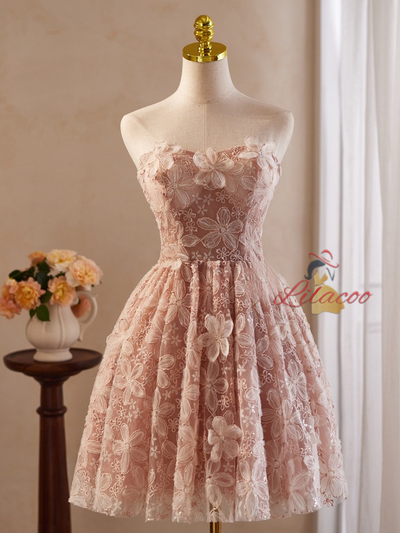 Pink Tulle Lace 3D Flower Homecoming Dress