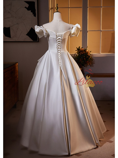 White Pleats Satin Off the Shoulder Wedding Dress