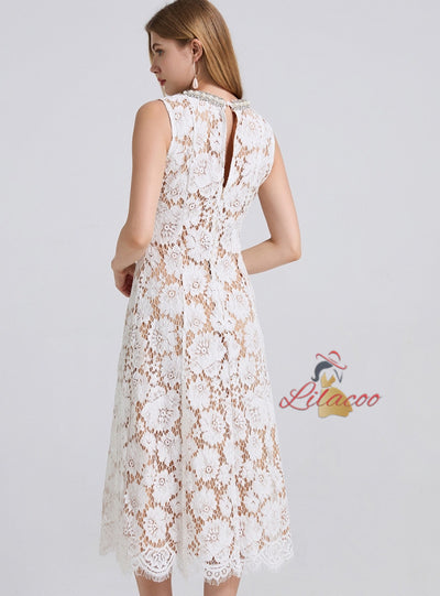 Heavy Industry Beaded Round Neck Lace Dress