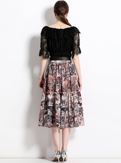 Lace Blouse Printed Skirt Two-piece Suit