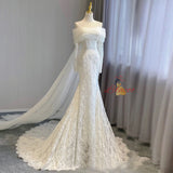 White Mermaid Lace Tulle Long Sleeve Pleats Wedding Dress
