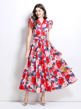 Retro Floral Ruffled Long Dress