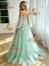 Green Tulle Long Sleeve Appliques Prom Dress