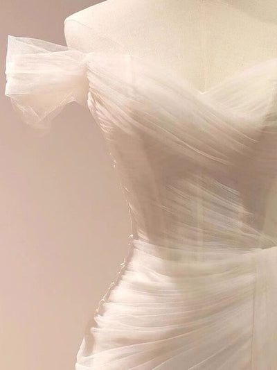 Simple White Tulle Off the Shoulder Pleats Wedding Dress