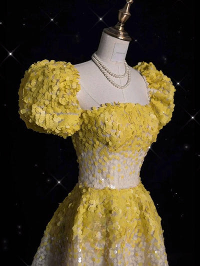 Yellow Sequins Puff Sleeve Prom Dress