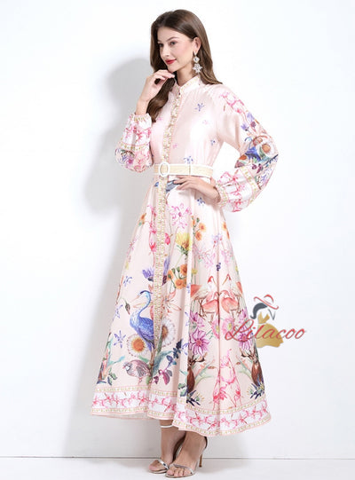 Retro Palace Printed Button Lantern Sleeve Dress