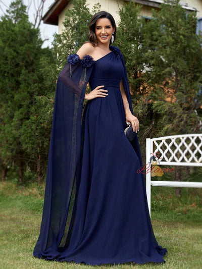 Dark Blue Chiffon One Shoulder Flower Prom Dress