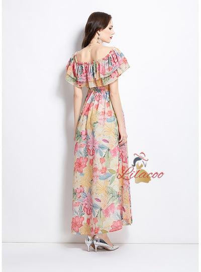 Off the Shoulder Stitching Printed Chiffon Dress