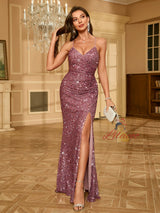 Purple Sequins Sapghetti Straps Split Prom Dress