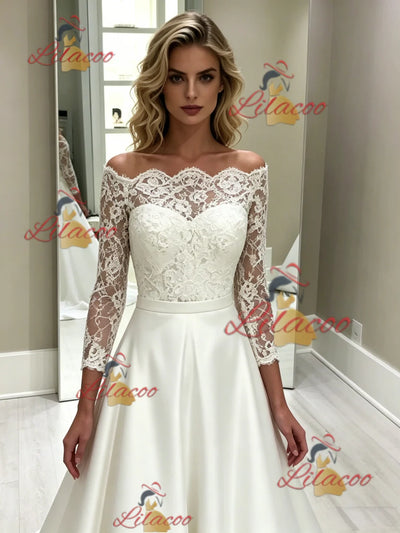 White Satin Lace Short Sleeve Wedding Dress