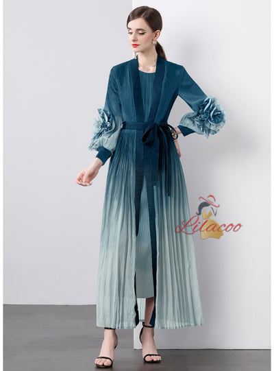 Gradual Disc Flower Lace-up Coat+Joker Straight Dress