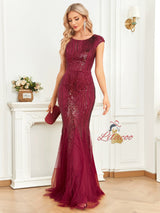 Burgundy Mermaid Sequins Cap Sleeve Prom Dress