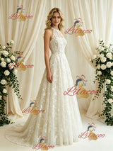 Beige White Lace Halter Wedding Dress