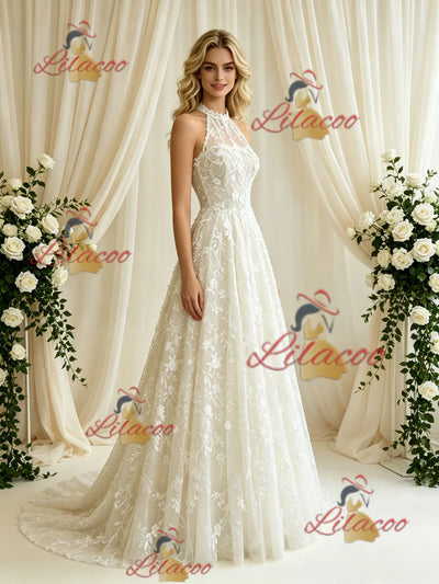 Beige White Lace Halter Wedding Dress