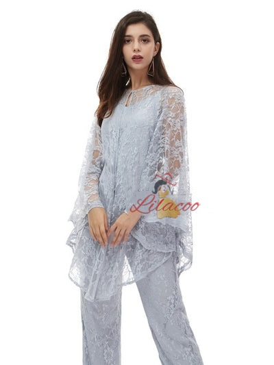 Gray Blue Lace Mother Of the Bride Dress With Shawl