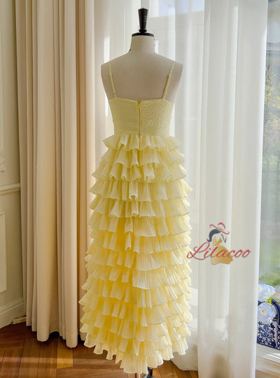 Yellow Sleeveless Suspender Bow Dress