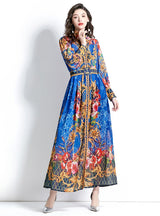 Retro Print Long Sleeve Dress