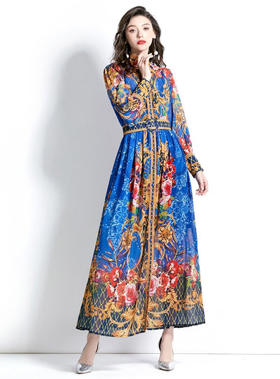 Retro Print Long Sleeve Dress
