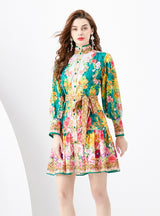 Lantern Long Sleeve Breasted Printed Ruffled Dress
