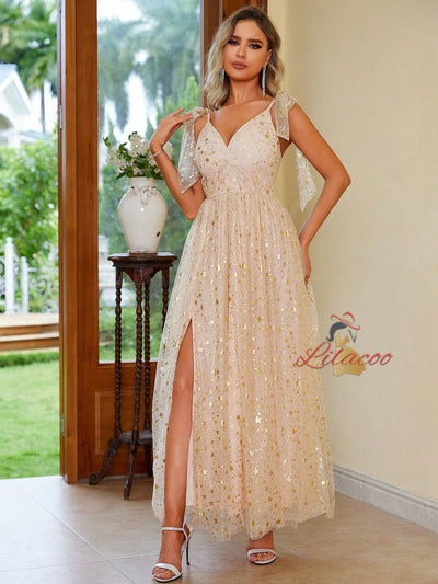 Champagne Tulle Sequins Split Prom Dress