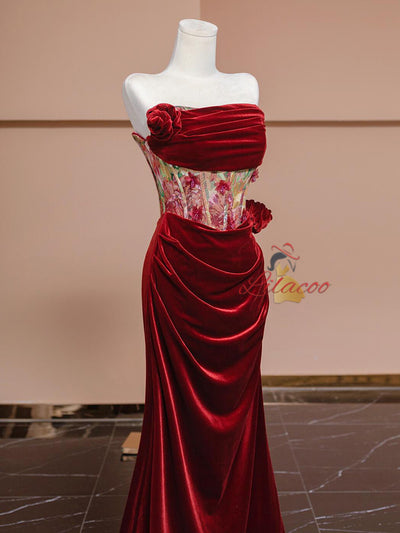 Burgundy Mermaid Velvet Pleats Prom Dress