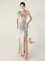 Mermaid One Shoulder Sequins Split Beading Prom Dress