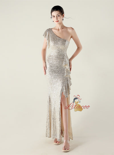 Mermaid One Shoulder Sequins Split Beading Prom Dress