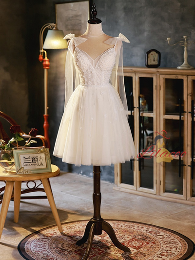 Ivory White Straps Tulle Beading Homecoming Dress