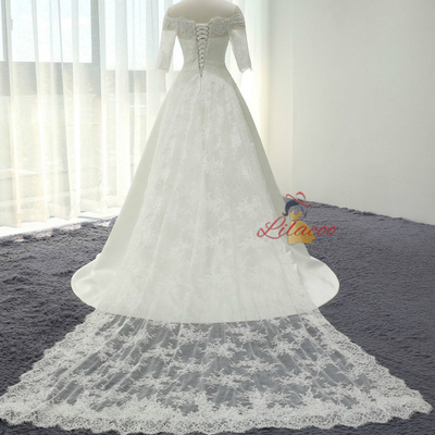 White Satin Lace Short Sleeve Wedding Dress