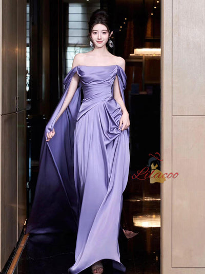 A-Line Purple Off the Shoulder Pleats Prom Dress