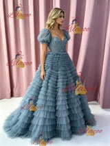 Blue Tuller Tiers Puff Sleeve Prom Dress