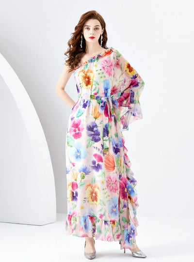 One-shoulder Wooden Ear Wide Swing Printed Dress