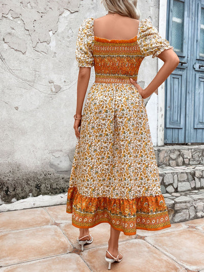 Bohemian Square Collar Bubble Sleeve Printed Dress