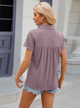 Solid Color Lapel Pleated Loose Short Sleeve T-shirt
