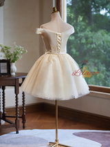 Champagne Tulle Appliques Homecoming Dress