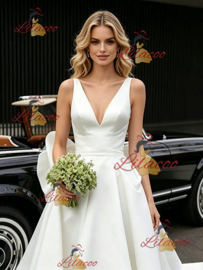 White Satin V-neck Wedding Dress