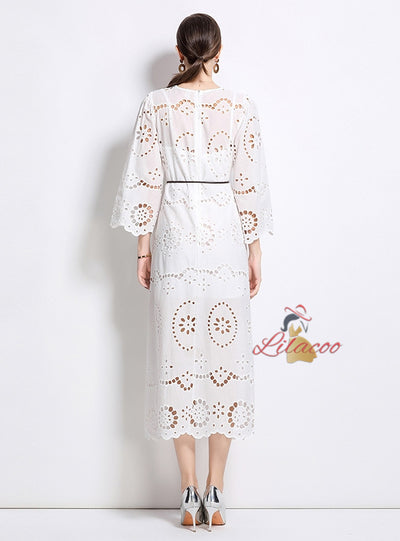 Retro Round Neck Embroidered Dress
