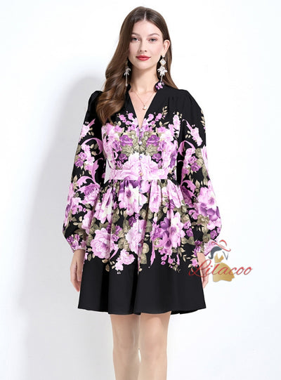 Retro Palace V-neck Long Sleeve Printed Dress