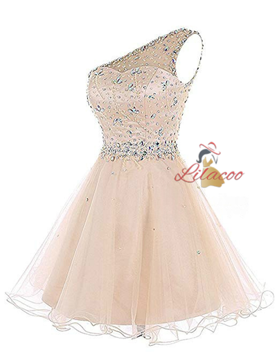 Purple Tulle One Shoulder Crystal Homecoming Dress