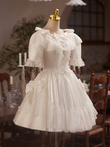 White Satin Lace Short Sleeve Wedding Dress