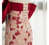 Burgundy Print Off the Shoulder Prom Dress