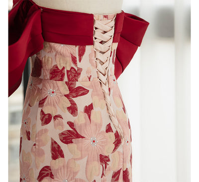 Burgundy Print Off the Shoulder Prom Dress