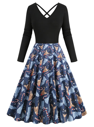 Long Sleeve V-neck Stitching Christmas Dress