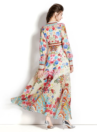 Long Sleeve Lantern Sleeve Printed Dress