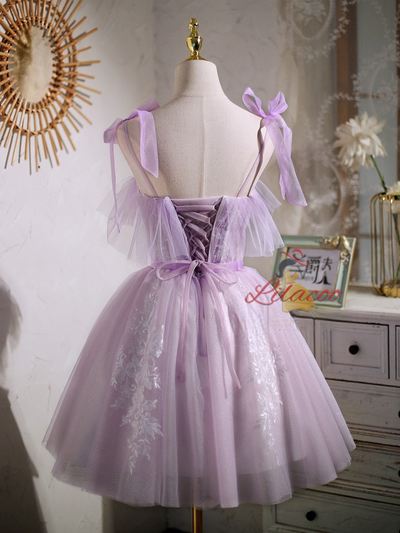 Purple Tulle Lace Straps Pleats Homecoming Dress