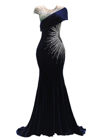 Navy Blue Mermaid Velvet Sequins Beading Prom Dress